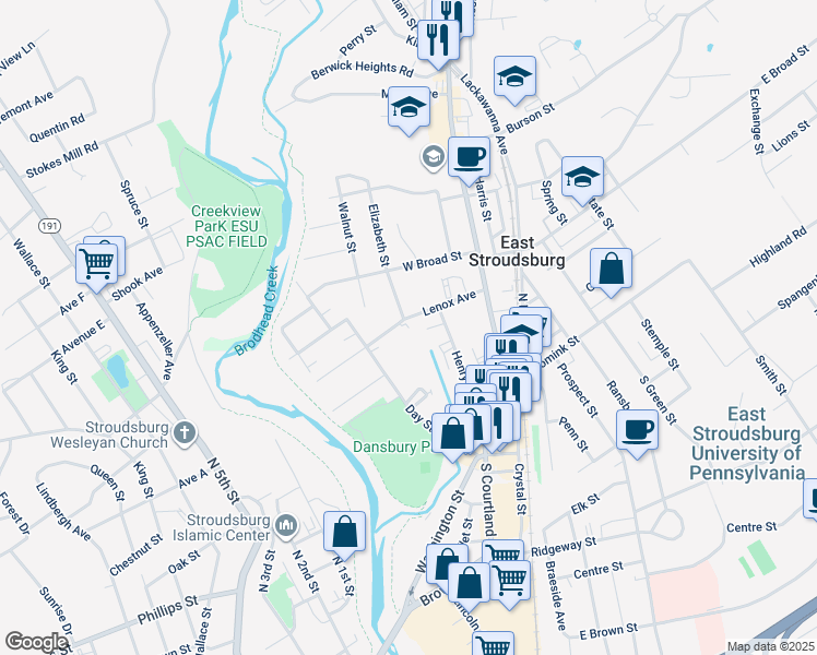 map of restaurants, bars, coffee shops, grocery stores, and more near in East Stroudsburg