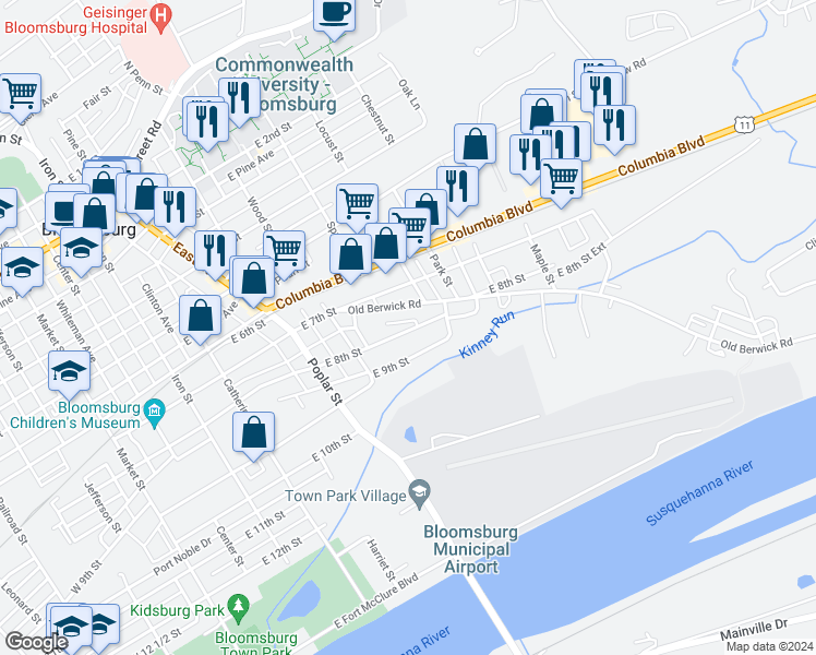 map of restaurants, bars, coffee shops, grocery stores, and more near 636 Old Berwick Road in Bloomsburg