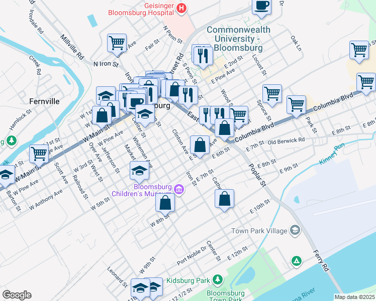map of restaurants, bars, coffee shops, grocery stores, and more near Clinton Avenue in Bloomsburg