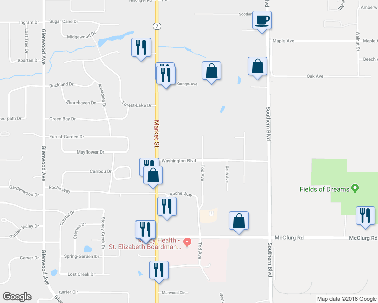 map of restaurants, bars, coffee shops, grocery stores, and more near 8160 Tod Avenue in Youngstown