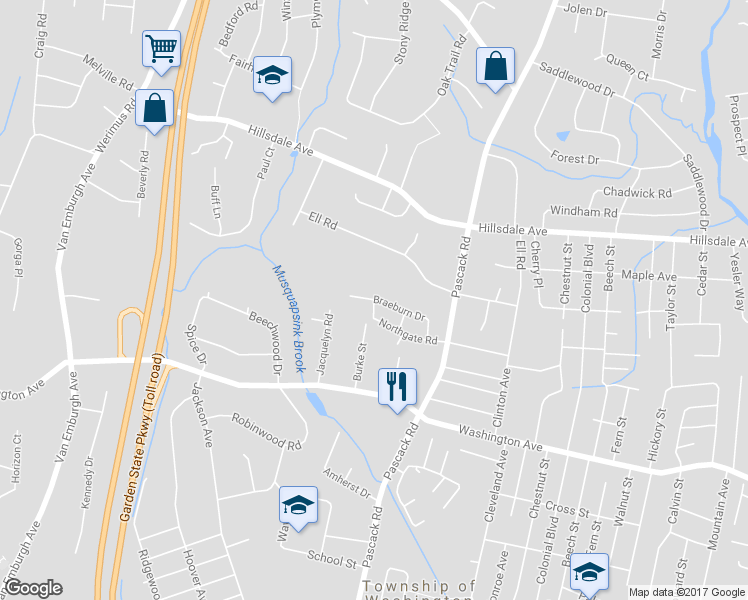 map of restaurants, bars, coffee shops, grocery stores, and more near 1 Braeburn Drive in Township of Washington