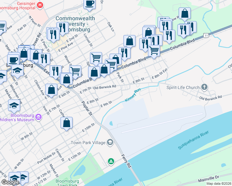 map of restaurants, bars, coffee shops, grocery stores, and more near 472 East 8th Street in Bloomsburg
