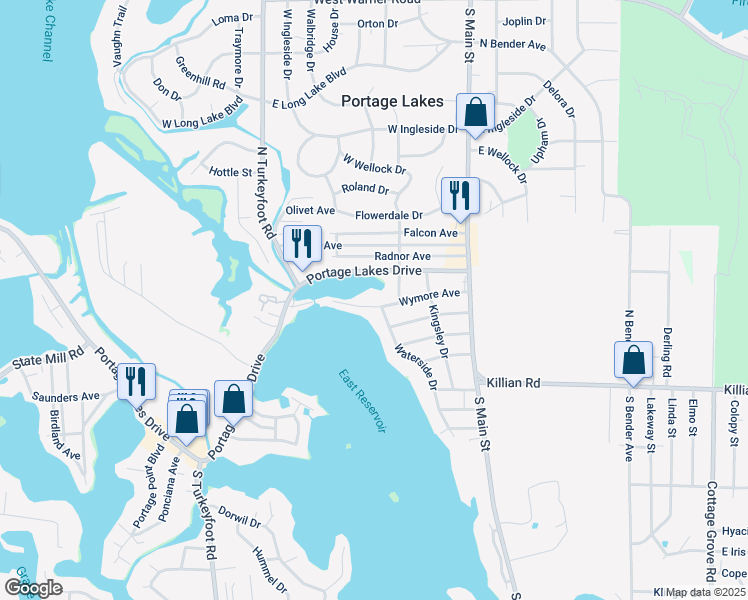 map of restaurants, bars, coffee shops, grocery stores, and more near 117 Wymore Avenue in Akron