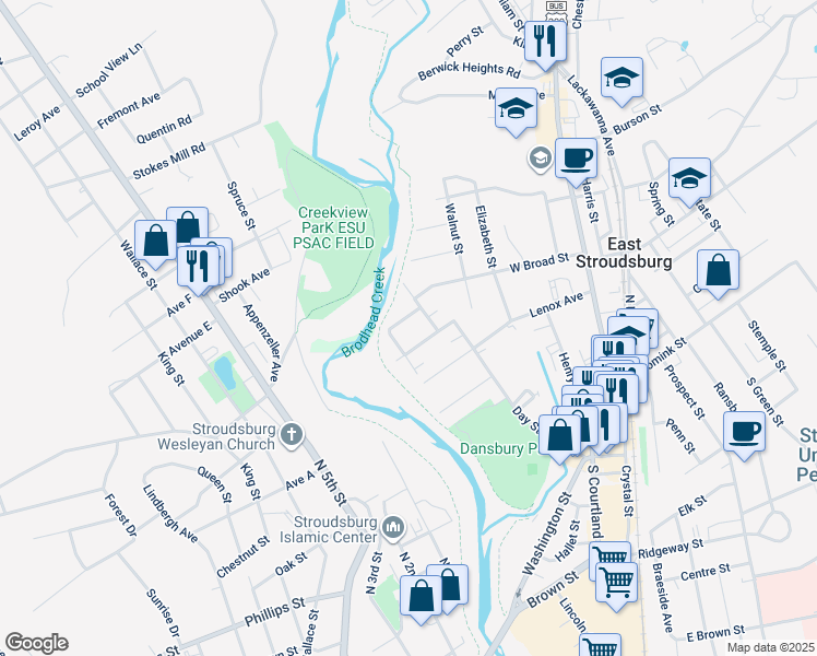 map of restaurants, bars, coffee shops, grocery stores, and more near 15 Roller Street in East Stroudsburg