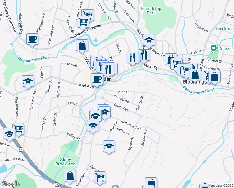 map of restaurants, bars, coffee shops, grocery stores, and more near 35 High Street in Butler