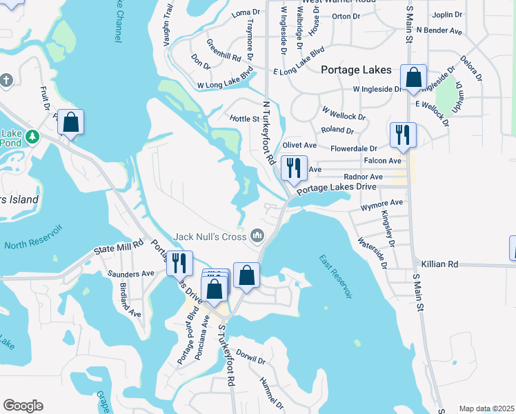 map of restaurants, bars, coffee shops, grocery stores, and more near 239 Portage Lakes Drive in Akron