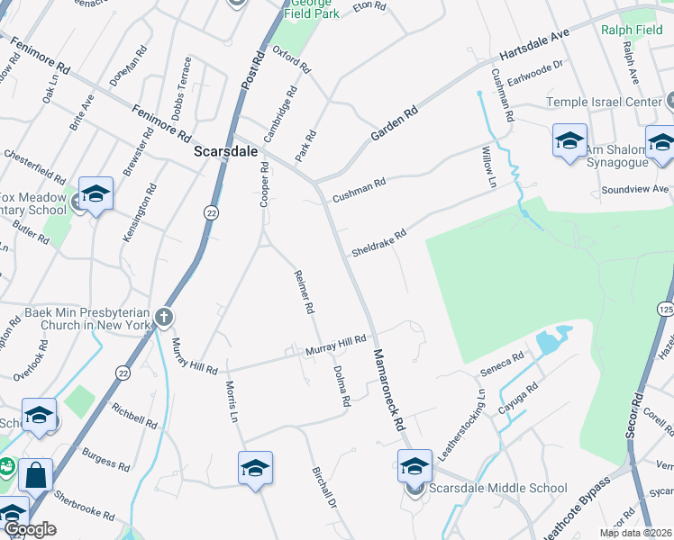 map of restaurants, bars, coffee shops, grocery stores, and more near 66 Mamaroneck Road in Scarsdale