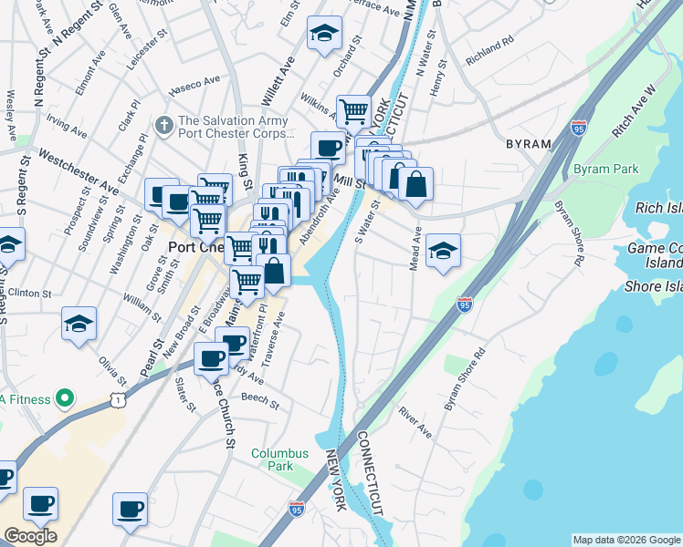 map of restaurants, bars, coffee shops, grocery stores, and more near 86 South Water Street in Greenwich
