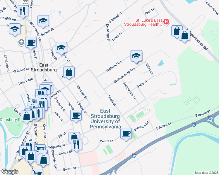 map of restaurants, bars, coffee shops, grocery stores, and more near 1 Spangenburg Avenue in East Stroudsburg