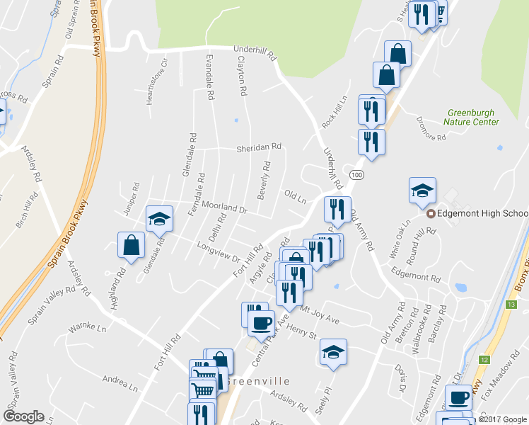 map of restaurants, bars, coffee shops, grocery stores, and more near 199 Beverly Road in Scarsdale