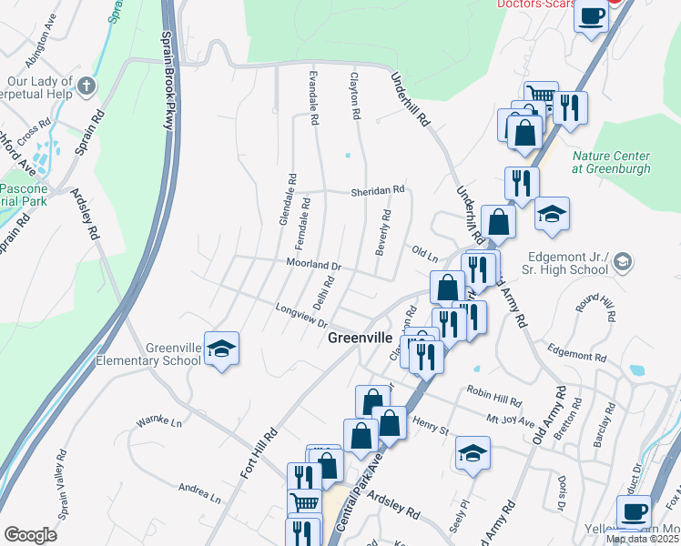 map of restaurants, bars, coffee shops, grocery stores, and more near 77 Moorland Drive in Scarsdale