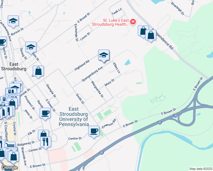 map of restaurants, bars, coffee shops, grocery stores, and more near 184 Gwendolyn Street in East Stroudsburg