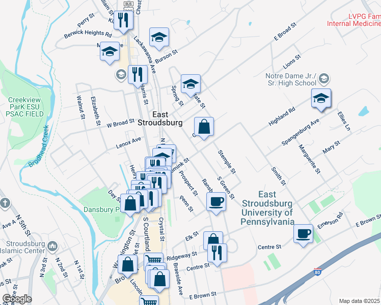 map of restaurants, bars, coffee shops, grocery stores, and more near in East Stroudsburg