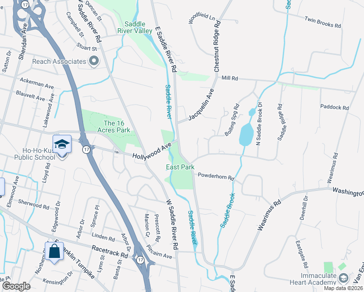 map of restaurants, bars, coffee shops, grocery stores, and more near 933 East Saddle River Road in Ho-Ho-Kus