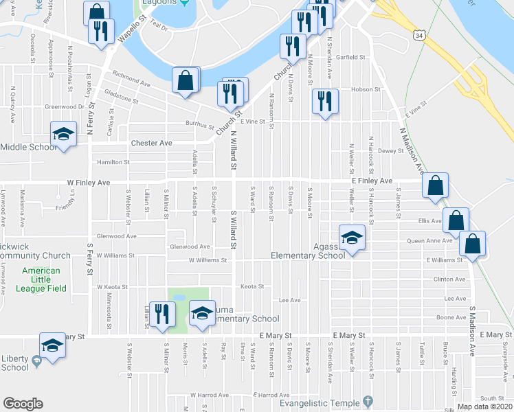 map of restaurants, bars, coffee shops, grocery stores, and more near 202 South Ward Street in Ottumwa