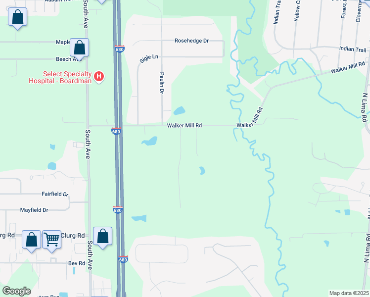 map of restaurants, bars, coffee shops, grocery stores, and more near 8189 Pinehill Drive in Youngstown