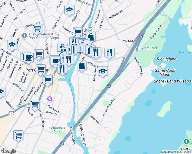 map of restaurants, bars, coffee shops, grocery stores, and more near 41 Mead Avenue in Greenwich