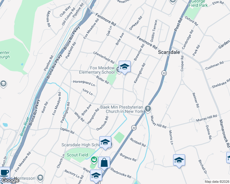 map of restaurants, bars, coffee shops, grocery stores, and more near 48 Hampton Road in Scarsdale