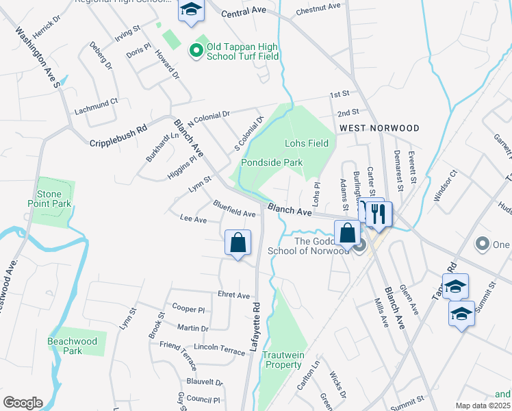 map of restaurants, bars, coffee shops, grocery stores, and more near 128 Blanch Avenue in Harrington Park
