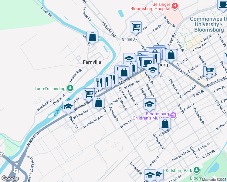 map of restaurants, bars, coffee shops, grocery stores, and more near 308 West Main Street in Bloomsburg