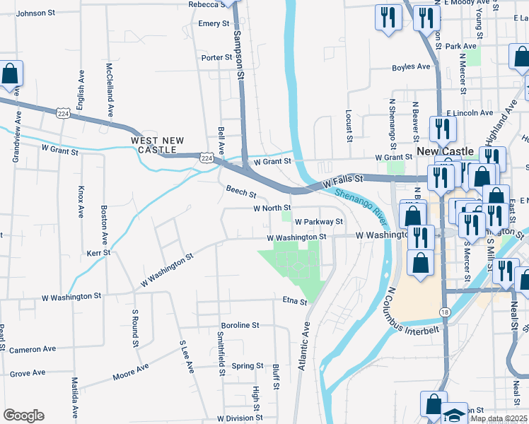 map of restaurants, bars, coffee shops, grocery stores, and more near 703 West North Street in New Castle