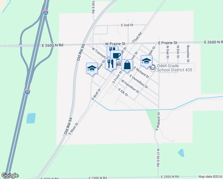 map of restaurants, bars, coffee shops, grocery stores, and more near 303 South Front Street in Odell