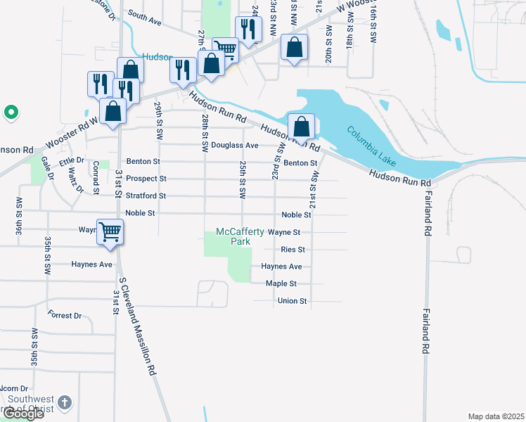 map of restaurants, bars, coffee shops, grocery stores, and more near 1147 Noble Street in Barberton