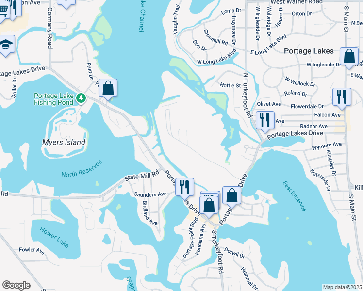 map of restaurants, bars, coffee shops, grocery stores, and more near 466 Canova Drive in Akron