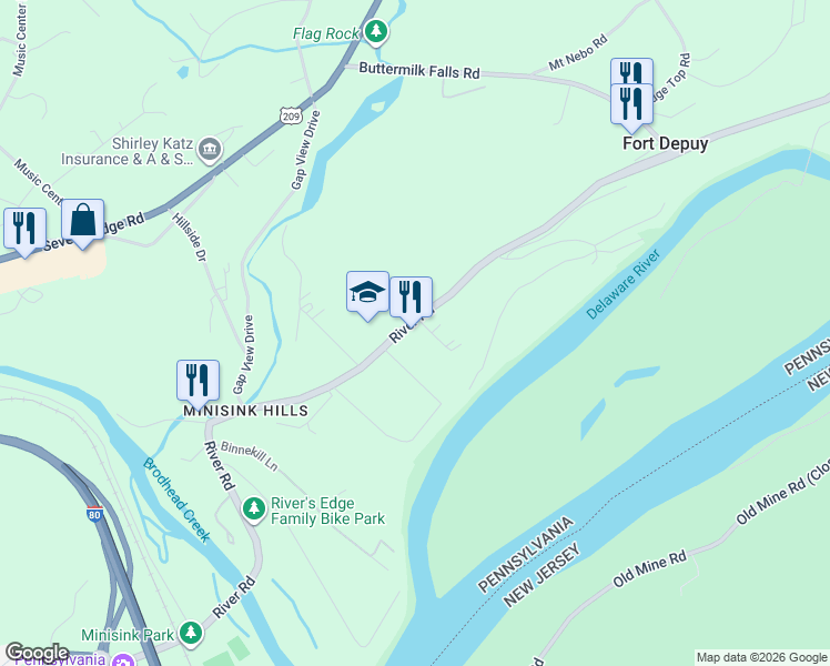 map of restaurants, bars, coffee shops, grocery stores, and more near 266 River Road in East Stroudsburg