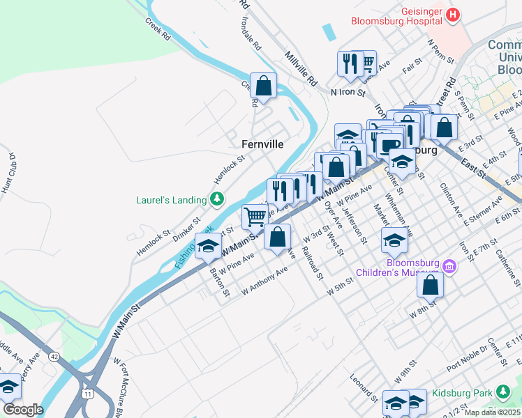 map of restaurants, bars, coffee shops, grocery stores, and more near 462464 East 1st Street in Bloomsburg