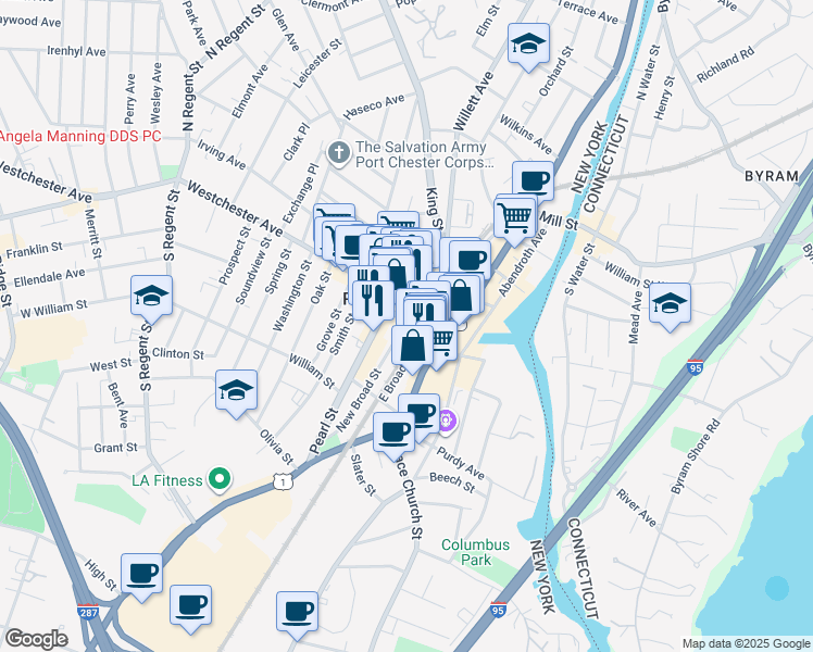 map of restaurants, bars, coffee shops, grocery stores, and more near 123 Westchester Avenue in Port Chester