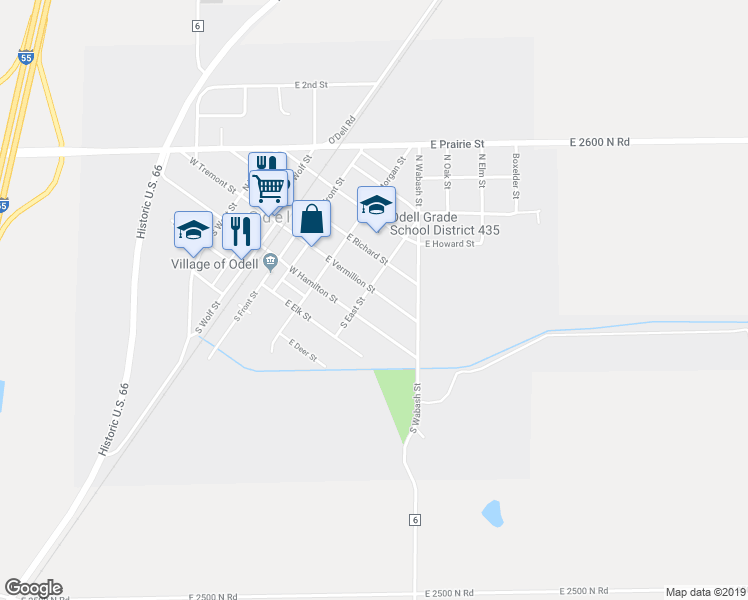 map of restaurants, bars, coffee shops, grocery stores, and more near 402 East Vermillion Street in Odell