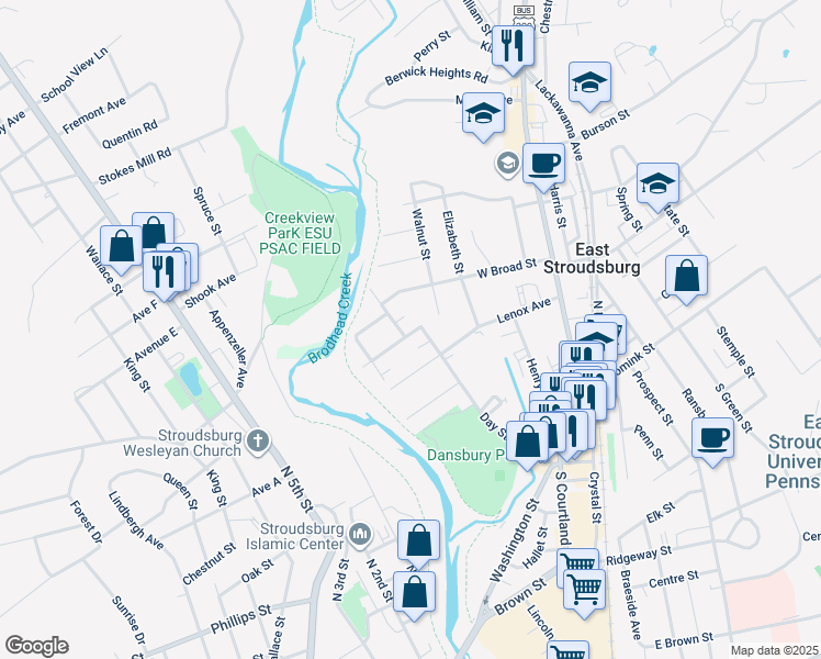 map of restaurants, bars, coffee shops, grocery stores, and more near 53 Borough Street in East Stroudsburg