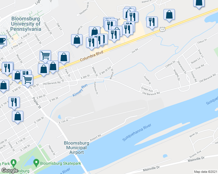 map of restaurants, bars, coffee shops, grocery stores, and more near 1001 Industrial Dr in Bloomsburg