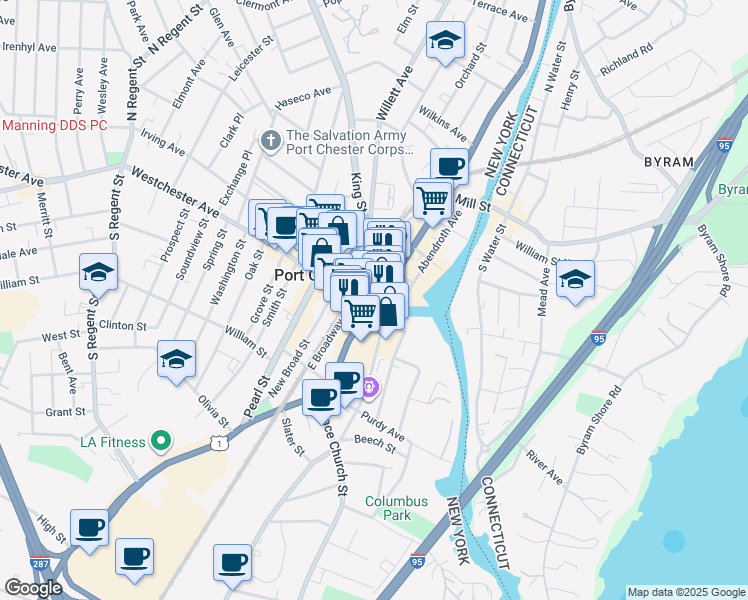 map of restaurants, bars, coffee shops, grocery stores, and more near 17 King Street in Port Chester