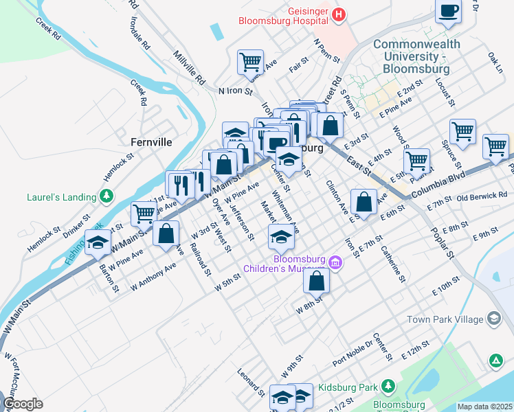 map of restaurants, bars, coffee shops, grocery stores, and more near 300 Market Street in Bloomsburg