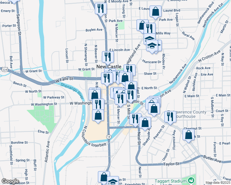 map of restaurants, bars, coffee shops, grocery stores, and more near 27 North Mercer Street in New Castle