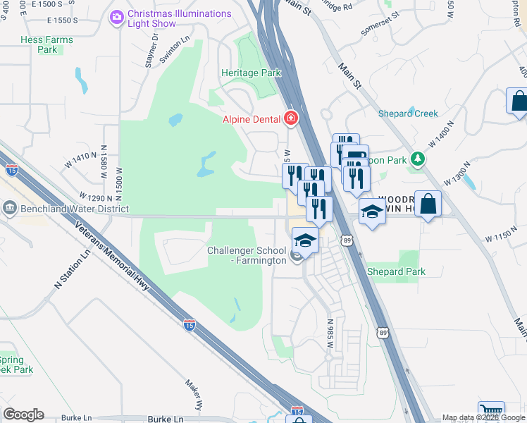map of restaurants, bars, coffee shops, grocery stores, and more near 1124 Shepard Lane in Farmington