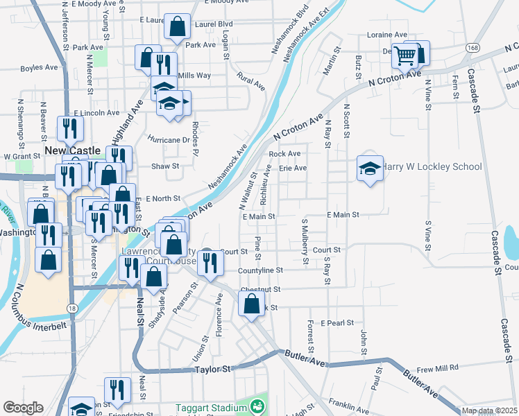 map of restaurants, bars, coffee shops, grocery stores, and more near 105 Richlieu Ave in New Castle