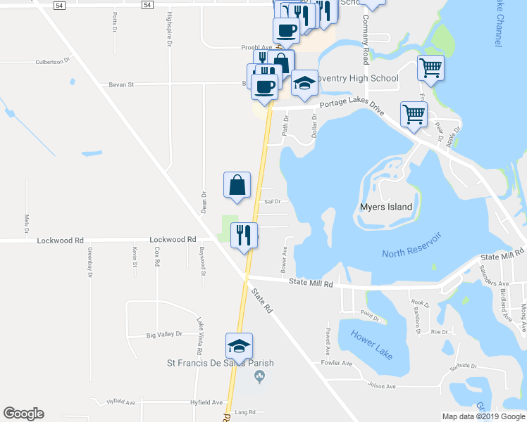 map of restaurants, bars, coffee shops, grocery stores, and more near 905 Halcyon Drive in Akron