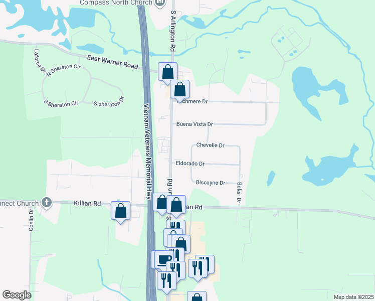 map of restaurants, bars, coffee shops, grocery stores, and more near 2600 Biscayne Drive in Akron