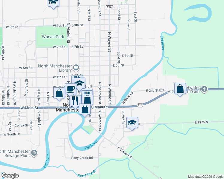 map of restaurants, bars, coffee shops, grocery stores, and more near 207 North Wayne Street in North Manchester