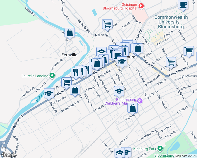 map of restaurants, bars, coffee shops, grocery stores, and more near 219 West Pine Avenue in Bloomsburg
