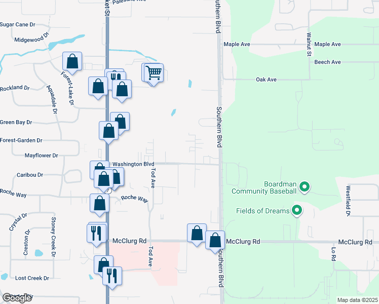 map of restaurants, bars, coffee shops, grocery stores, and more near 161 Stadler Court in Youngstown