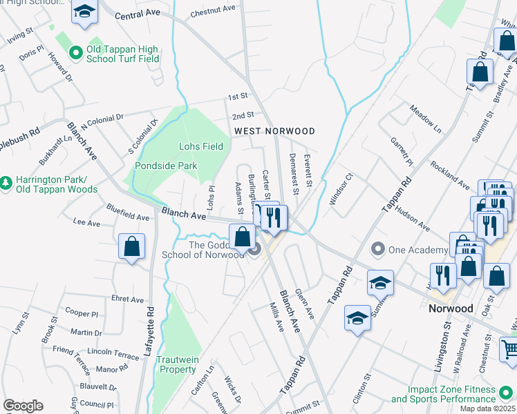 map of restaurants, bars, coffee shops, grocery stores, and more near 30 Burlington Street in Norwood