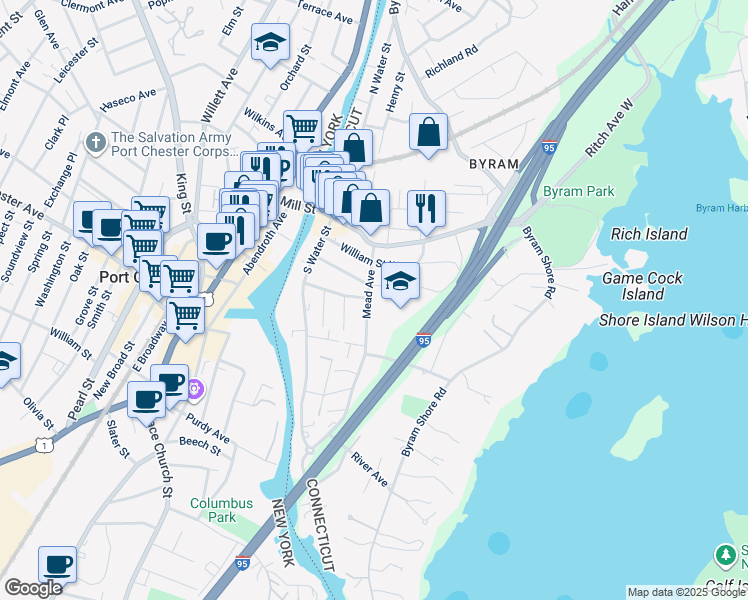 map of restaurants, bars, coffee shops, grocery stores, and more near 41 Mead Avenue in Greenwich