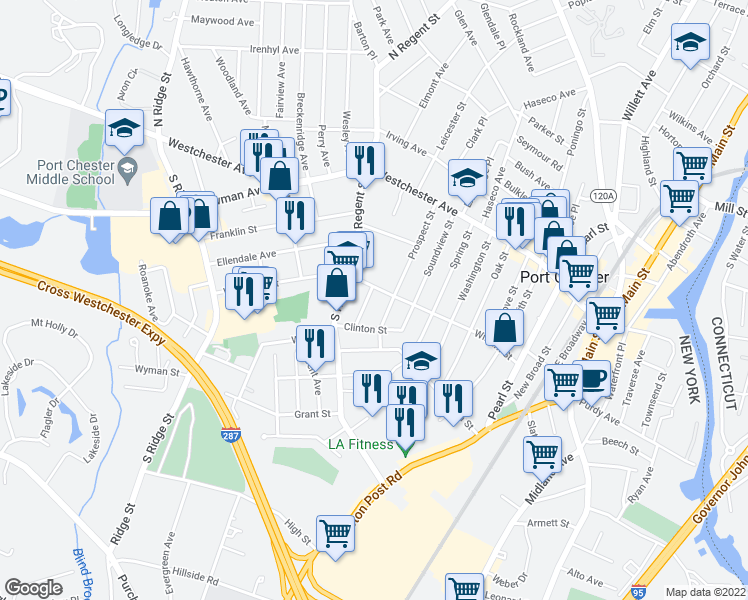 map of restaurants, bars, coffee shops, grocery stores, and more near 9 Fairview Place in Port Chester
