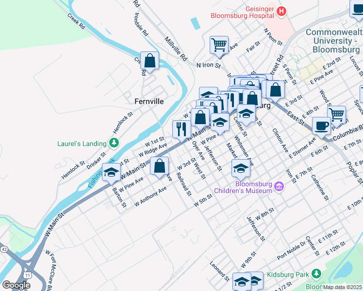 map of restaurants, bars, coffee shops, grocery stores, and more near 308 West Main Street in Bloomsburg