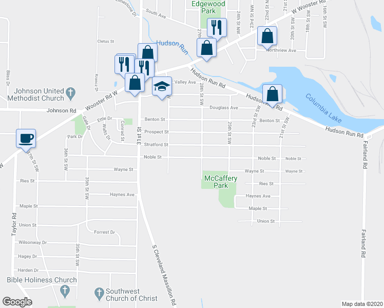 map of restaurants, bars, coffee shops, grocery stores, and more near 1269 Noble Street in Barberton