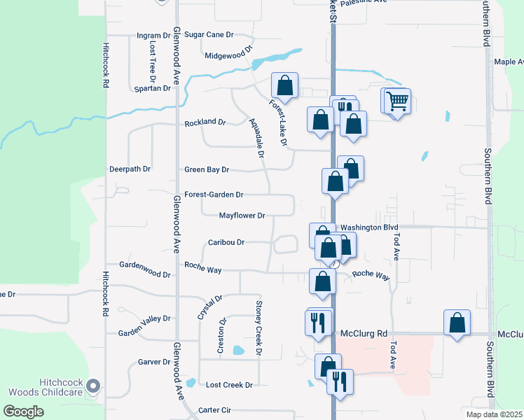 map of restaurants, bars, coffee shops, grocery stores, and more near 110 Mayflower Drive in Youngstown